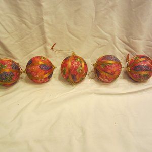 RETRO 70'S FLORAL FABRIC MADE IN JAPAN PEARL BALL ORNAMENTS, SET OF 5